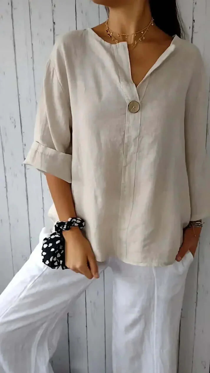 Comfortable V-Neck Cotton and Linen Top