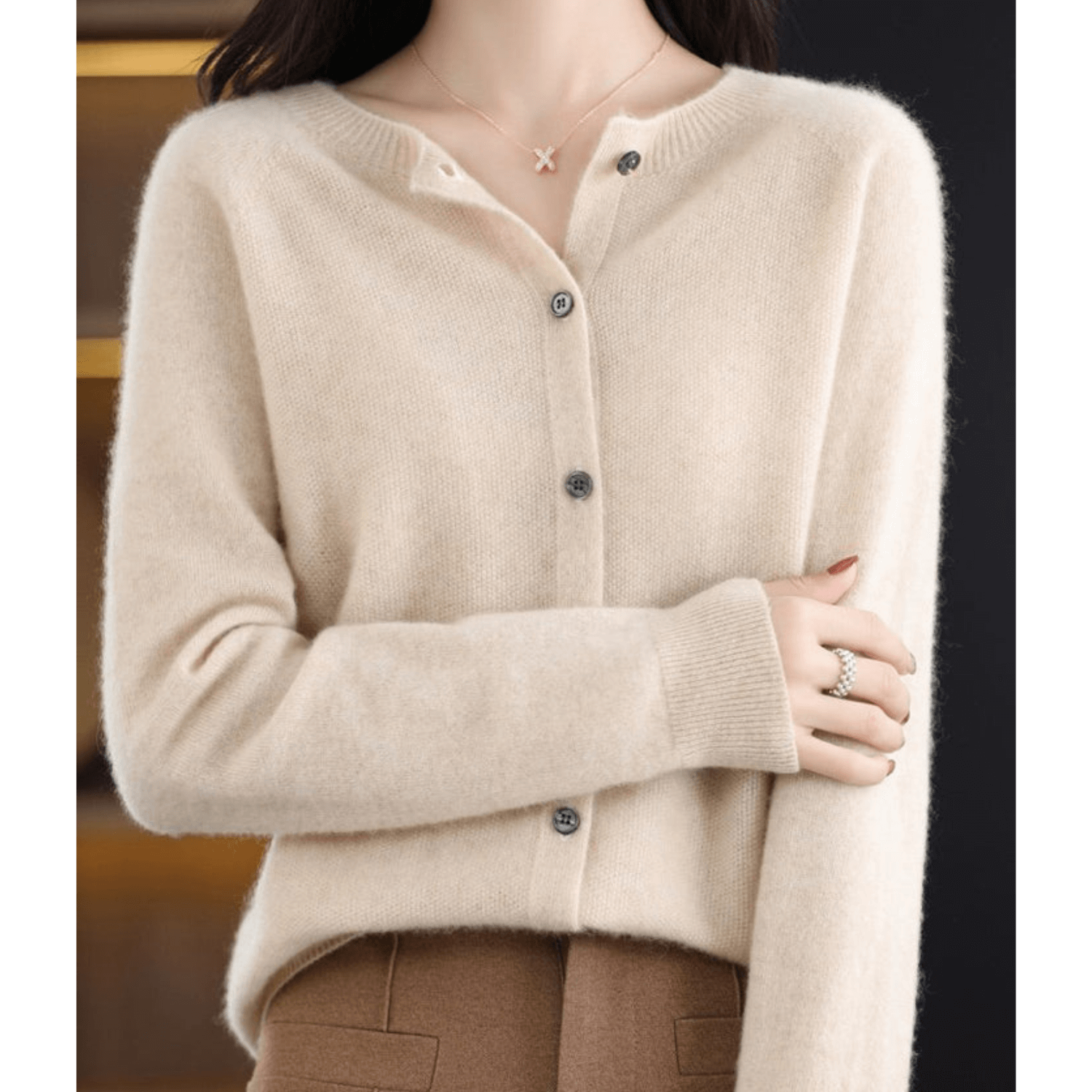 Wool Like O Neck Cardigan for Women