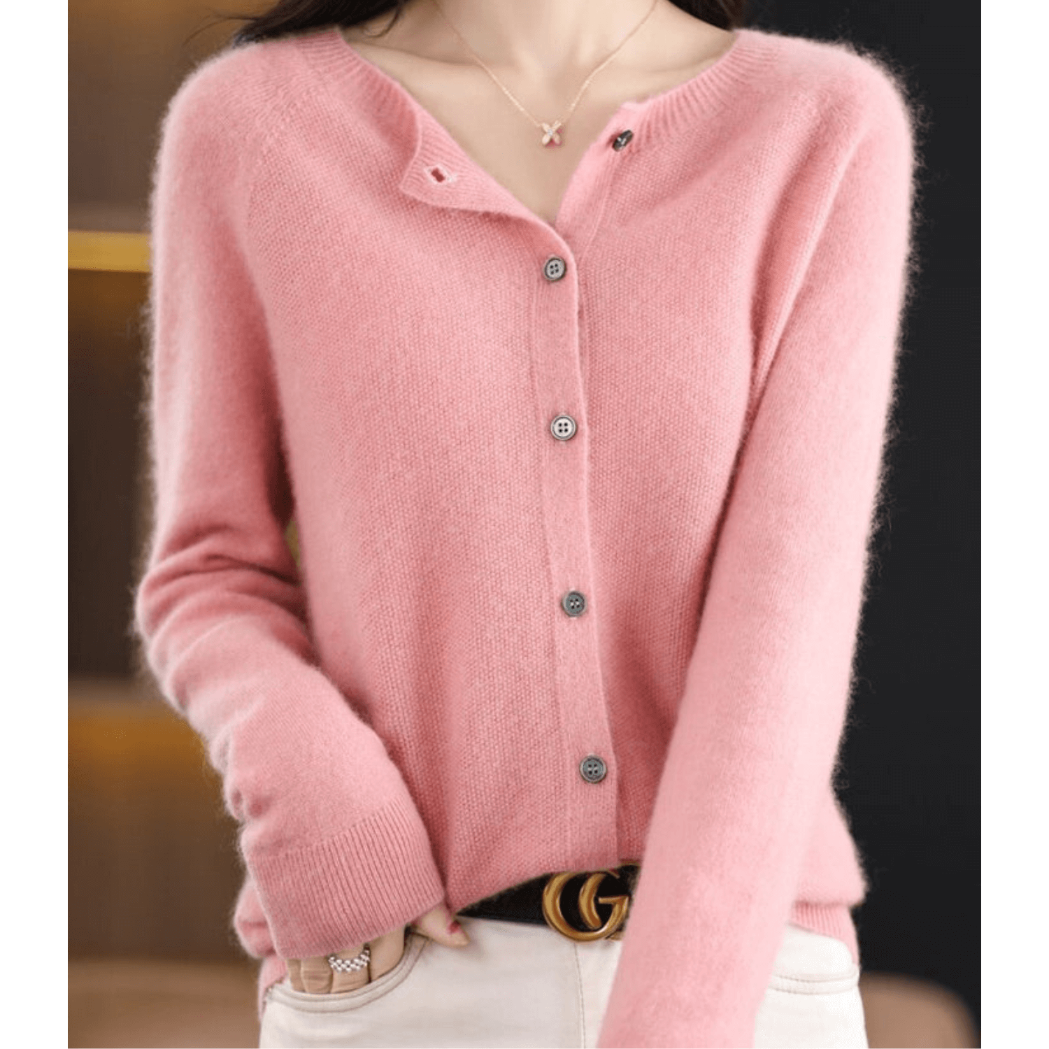 Wool Like O Neck Cardigan for Women