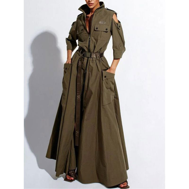 Athena - Solid Dress - Military Style with Cut-Out Shoulders