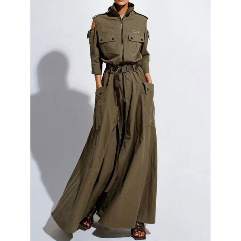 Athena - Solid Dress - Military Style with Cut-Out Shoulders