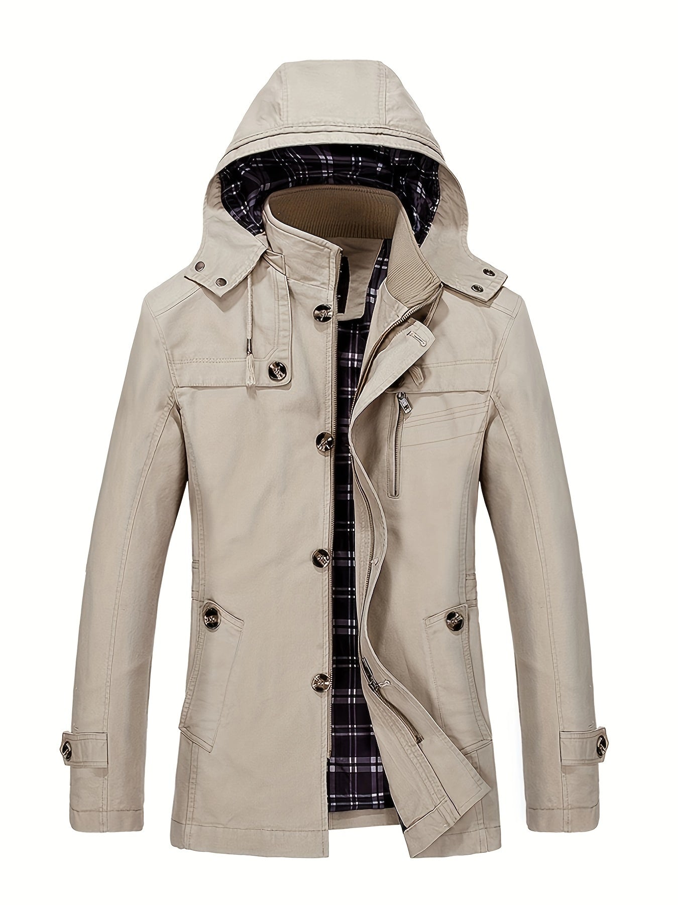 Men's hooded trench coat with zipped pockets