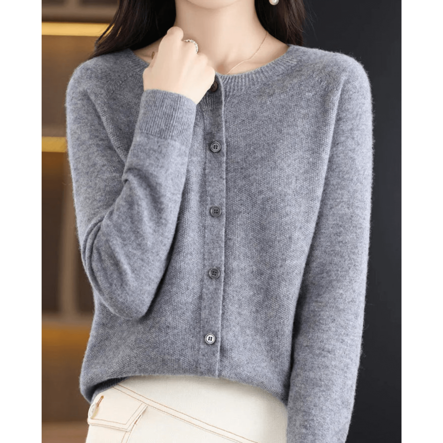 Wool Like O Neck Cardigan for Women