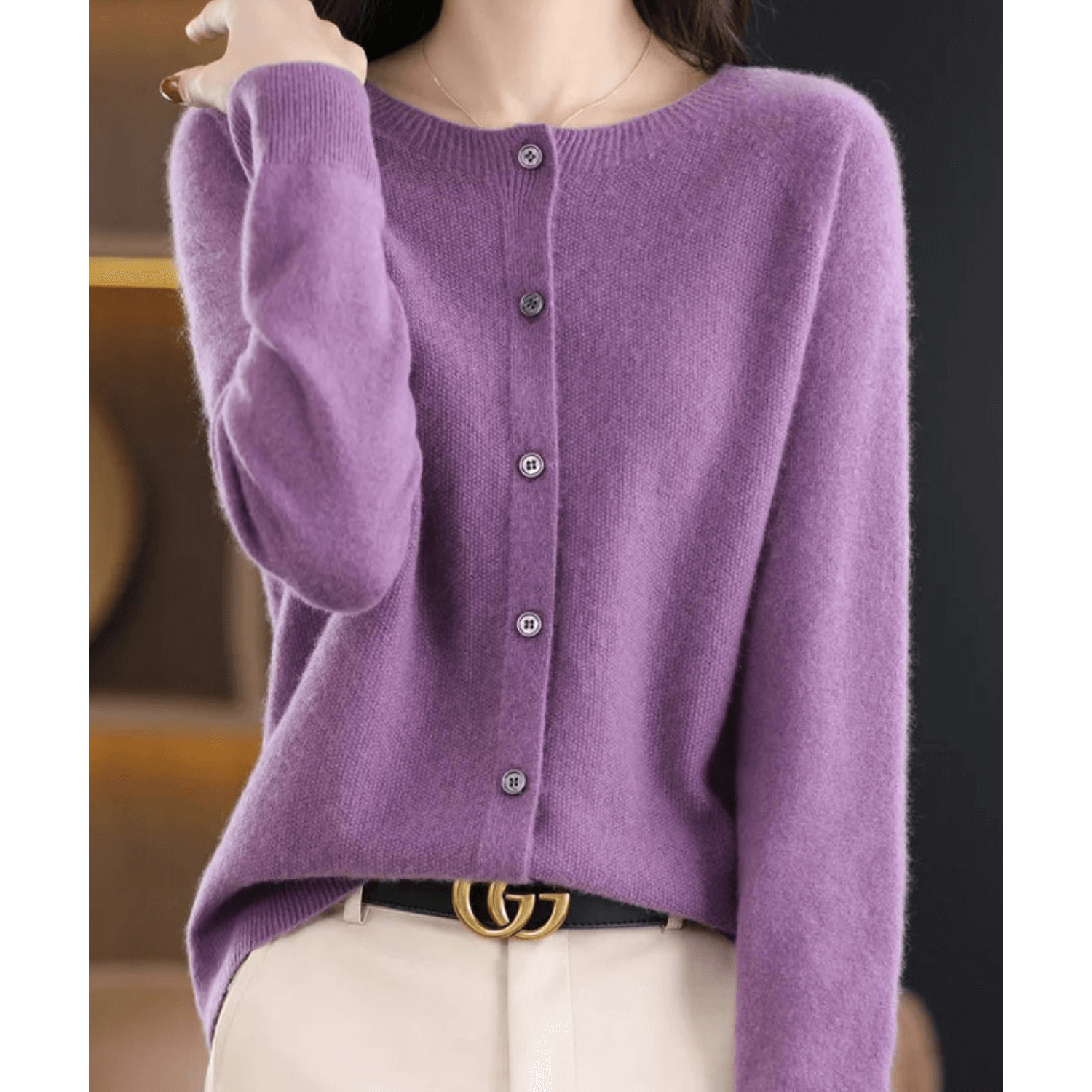 Wool Like O Neck Cardigan for Women