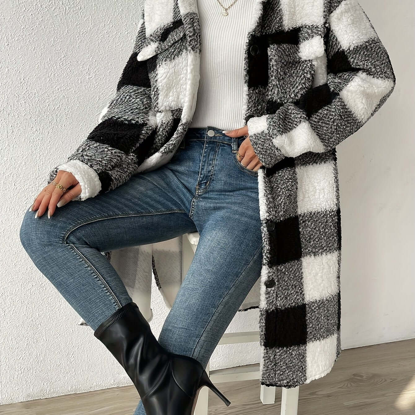 Elegant Checked Teddy Coat for Women