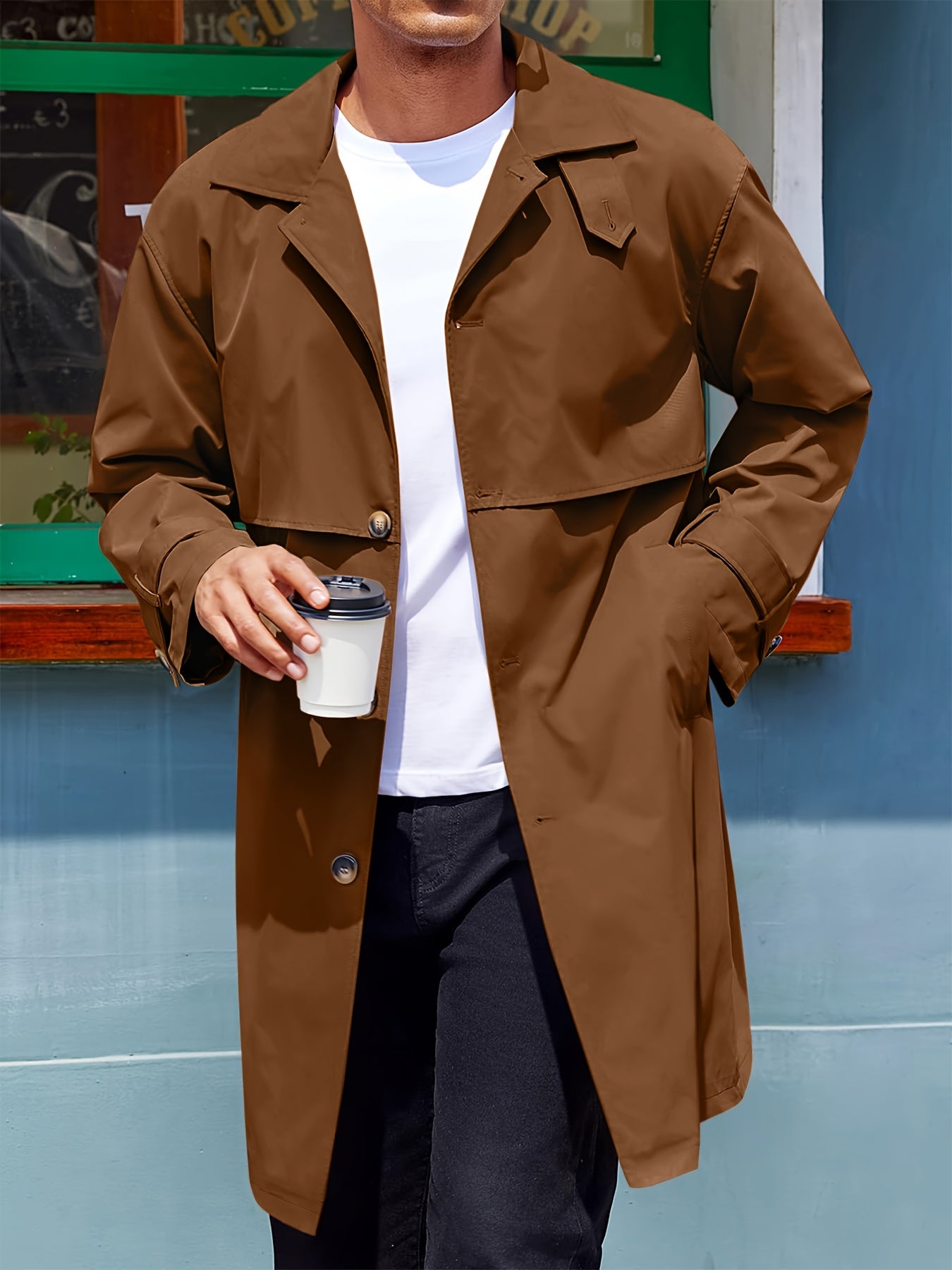 Men's half-length trench coat with pockets and belt buckle