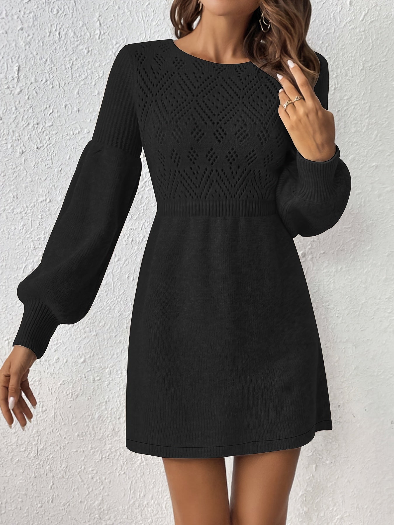 Eyelet Knit Lantern Sleeve A-Line Dress For Women