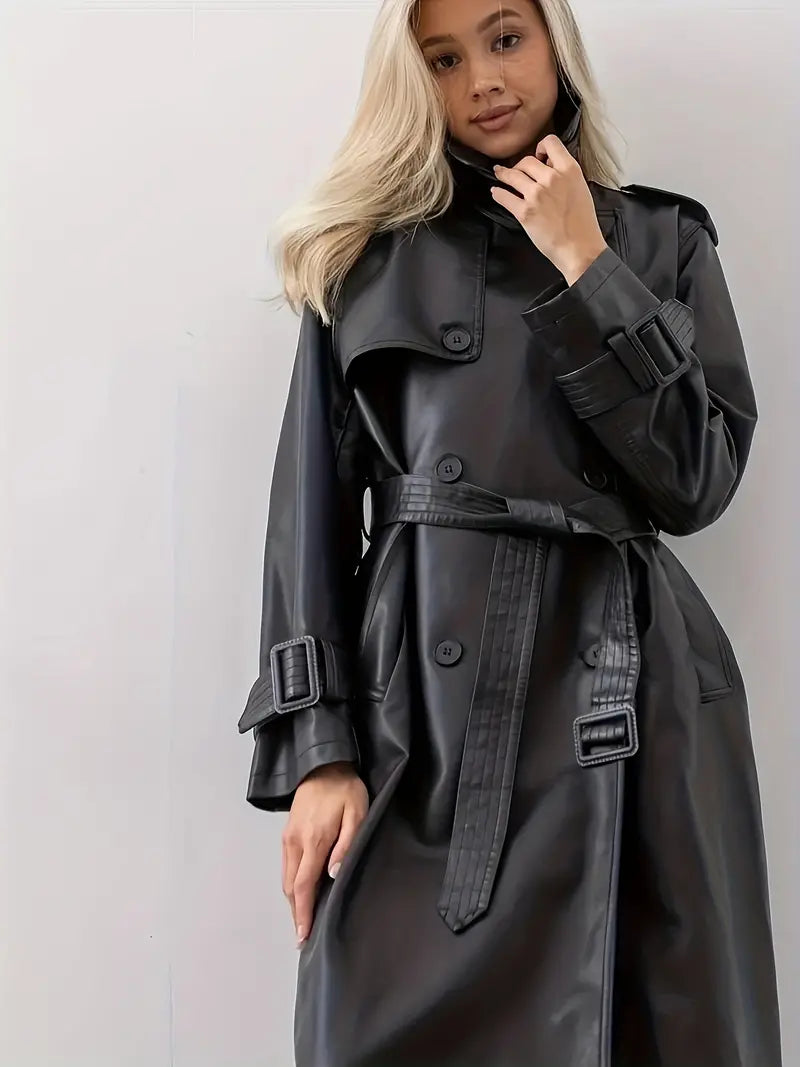 Elegant Trench Coat Leather Jacket For Women