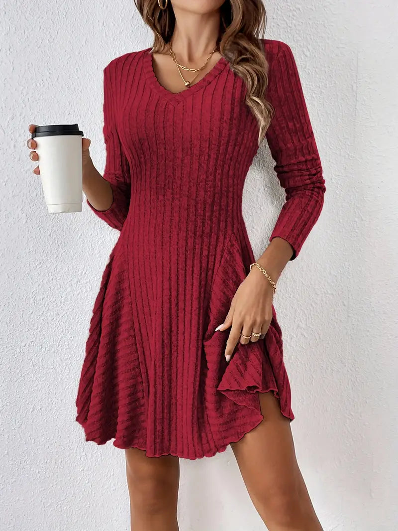 Women's Ribbed A-Line Long Sleeve Dress