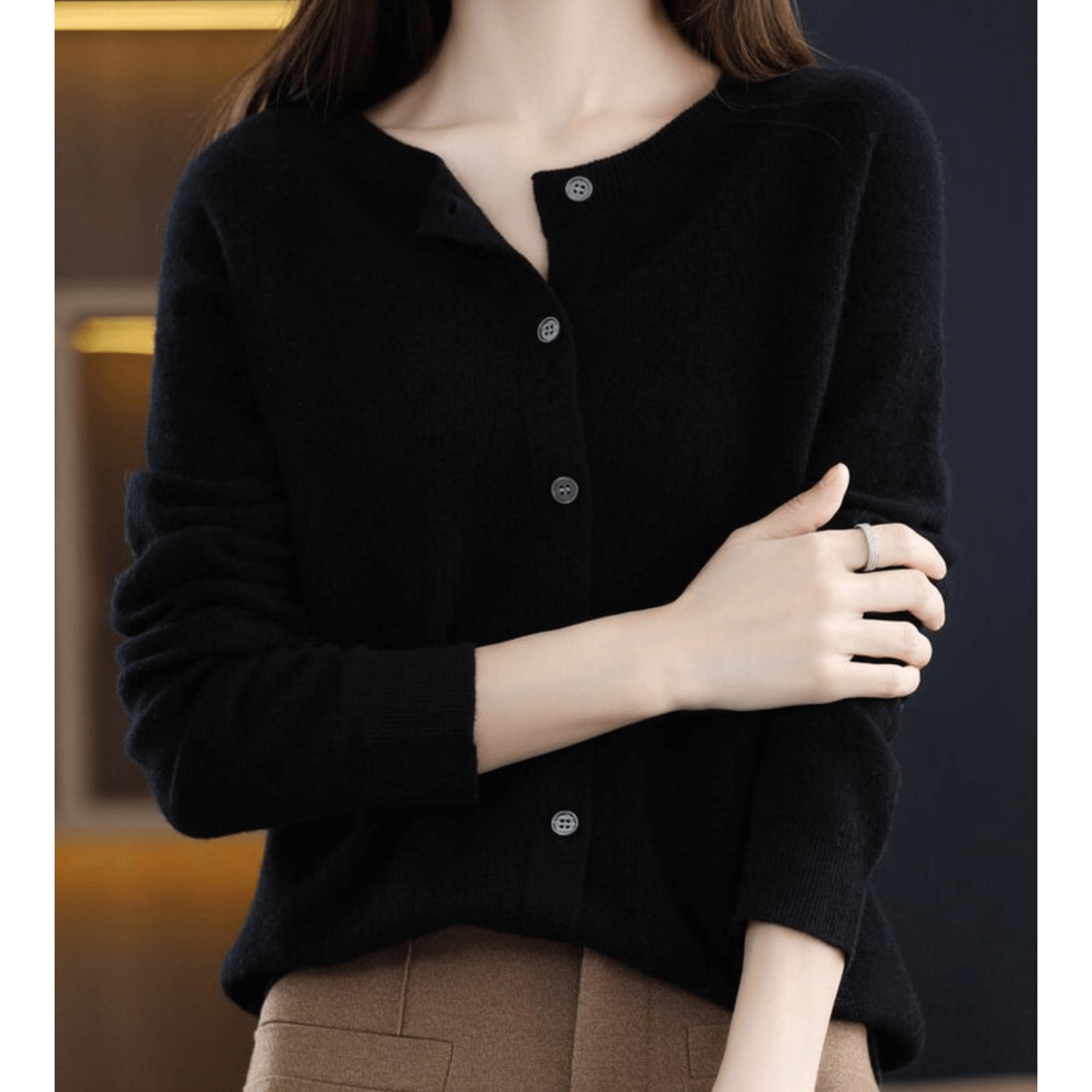 Wool Like O Neck Cardigan for Women