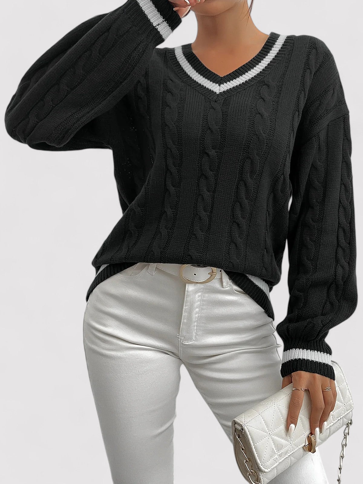 V-Neck Cable Knit Sweater for Women's Elegance