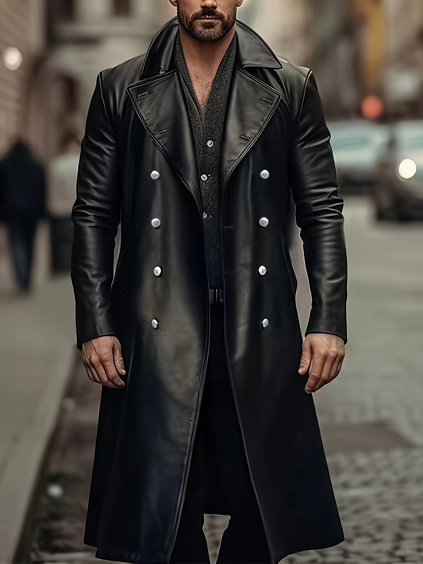 Men's PU leather trench coat with button closure