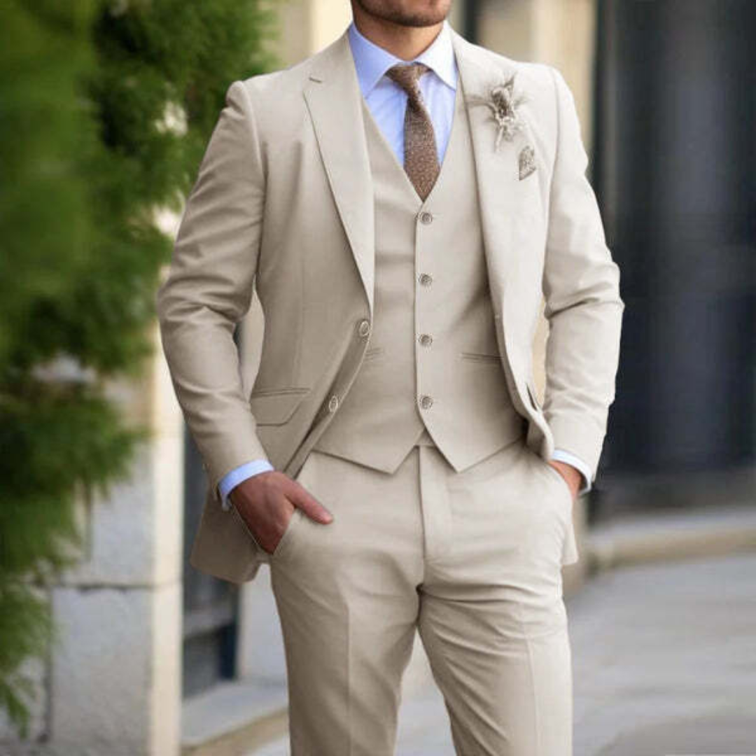 Three piece linen men's suit with classic design