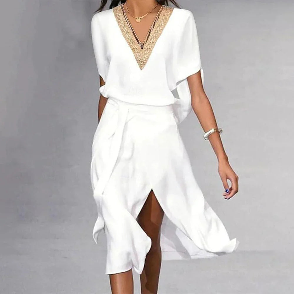 Modern White V-Neck Midi Dress