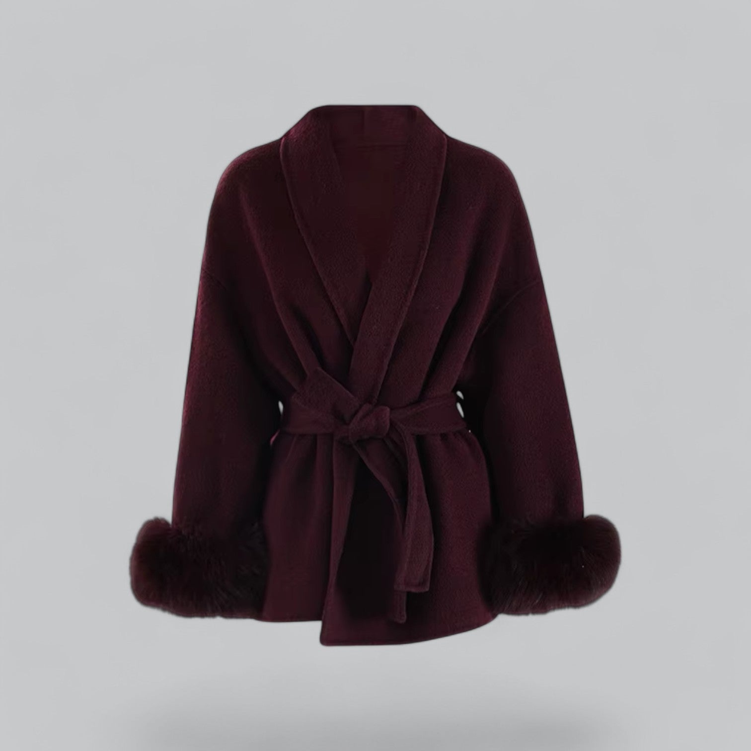 Elegant Belted Woolen Winter Coat with Fur