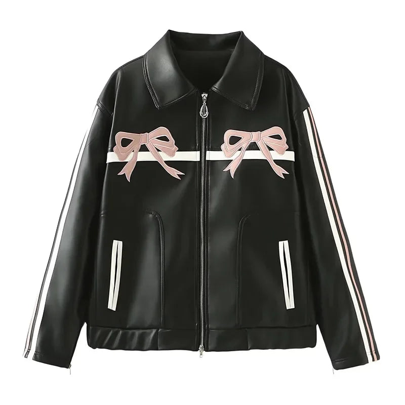 Vintage Inspired Faux Leather Jacket with Bow Details