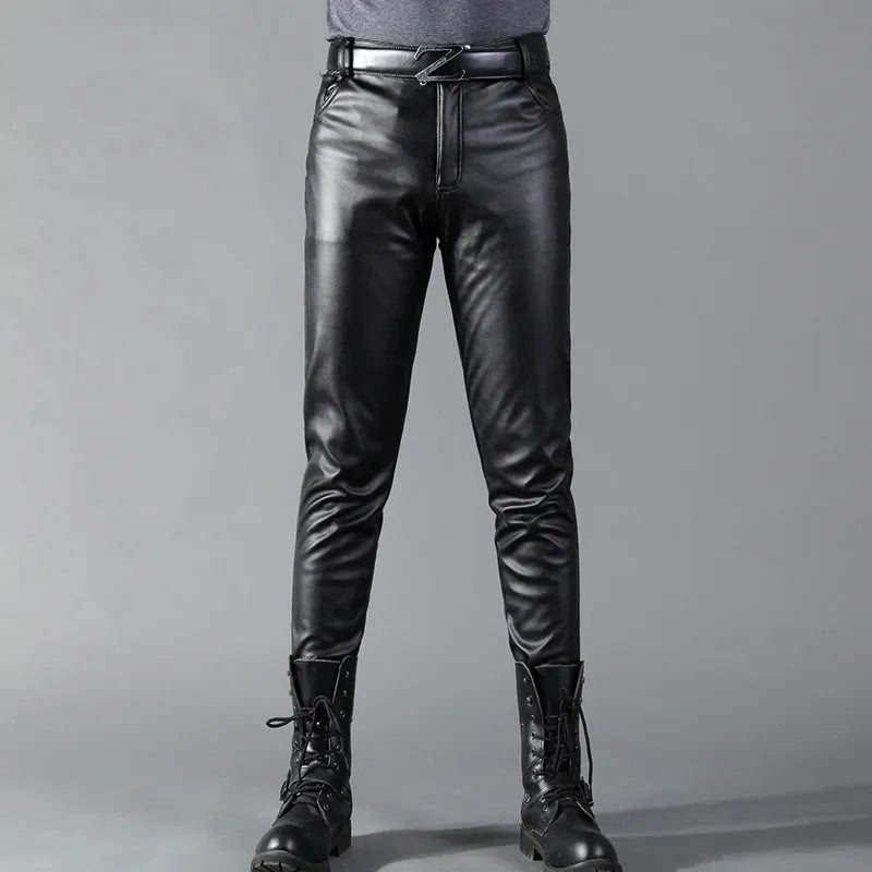 Men's stretch leather trousers in black