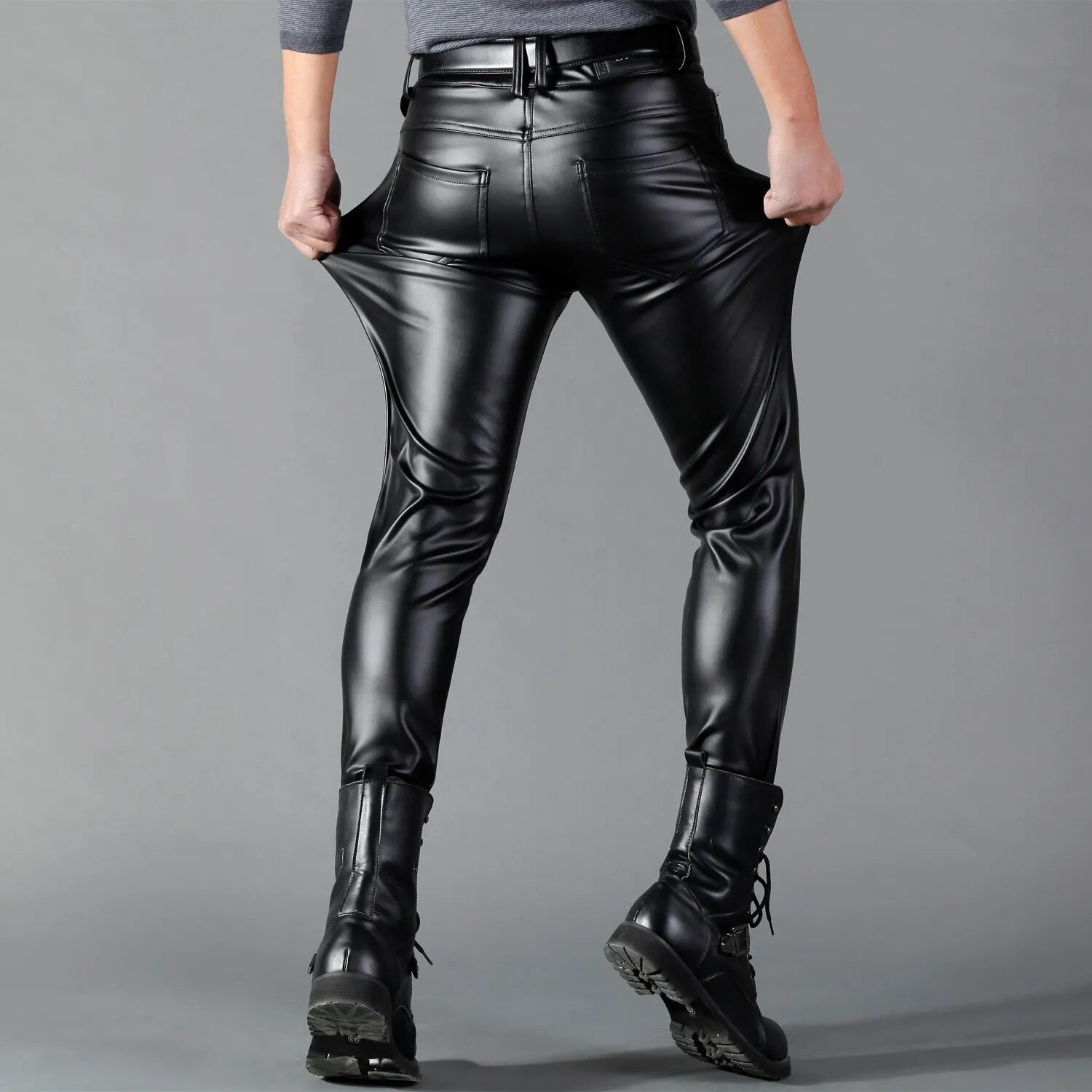 Men's stretch leather trousers in black