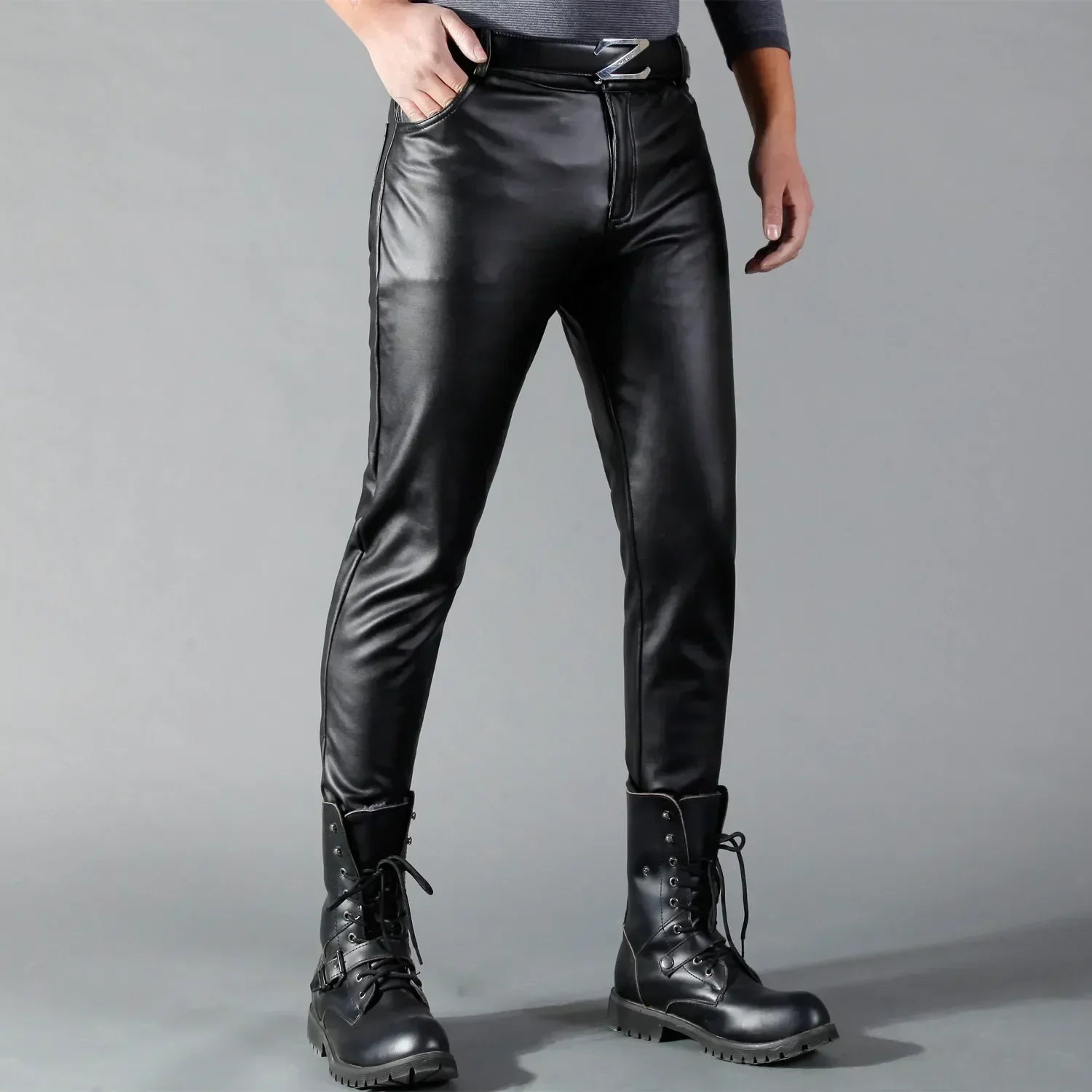 Men's stretch leather trousers in black