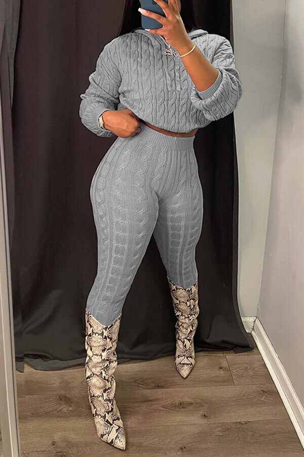 Cable Knit Hoodie and Pants Set for Women