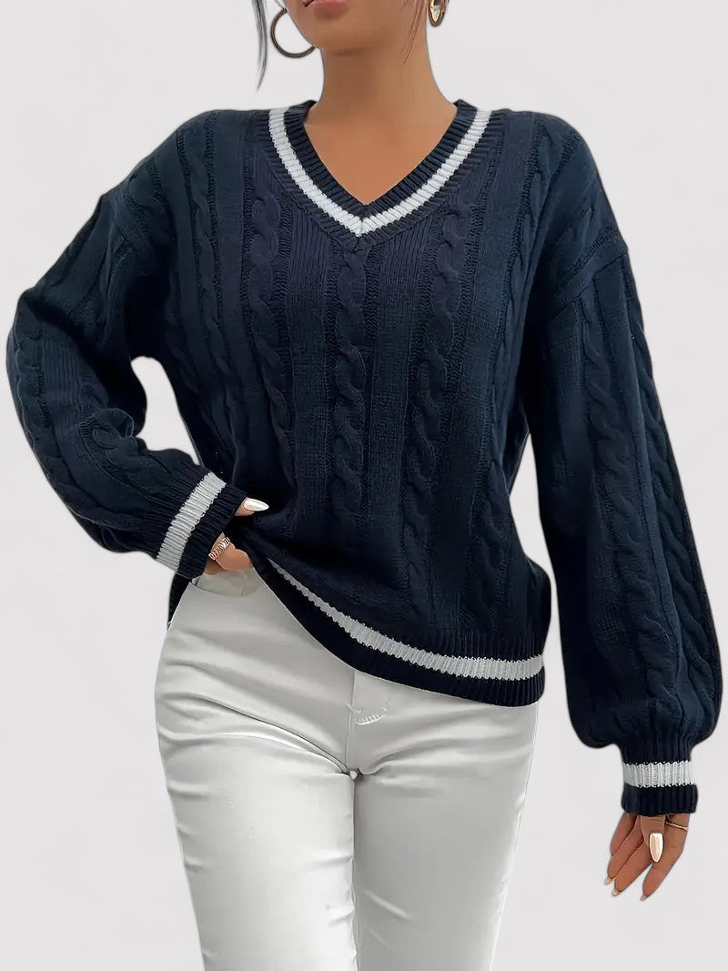 V-Neck Cable Knit Sweater for Women's Elegance