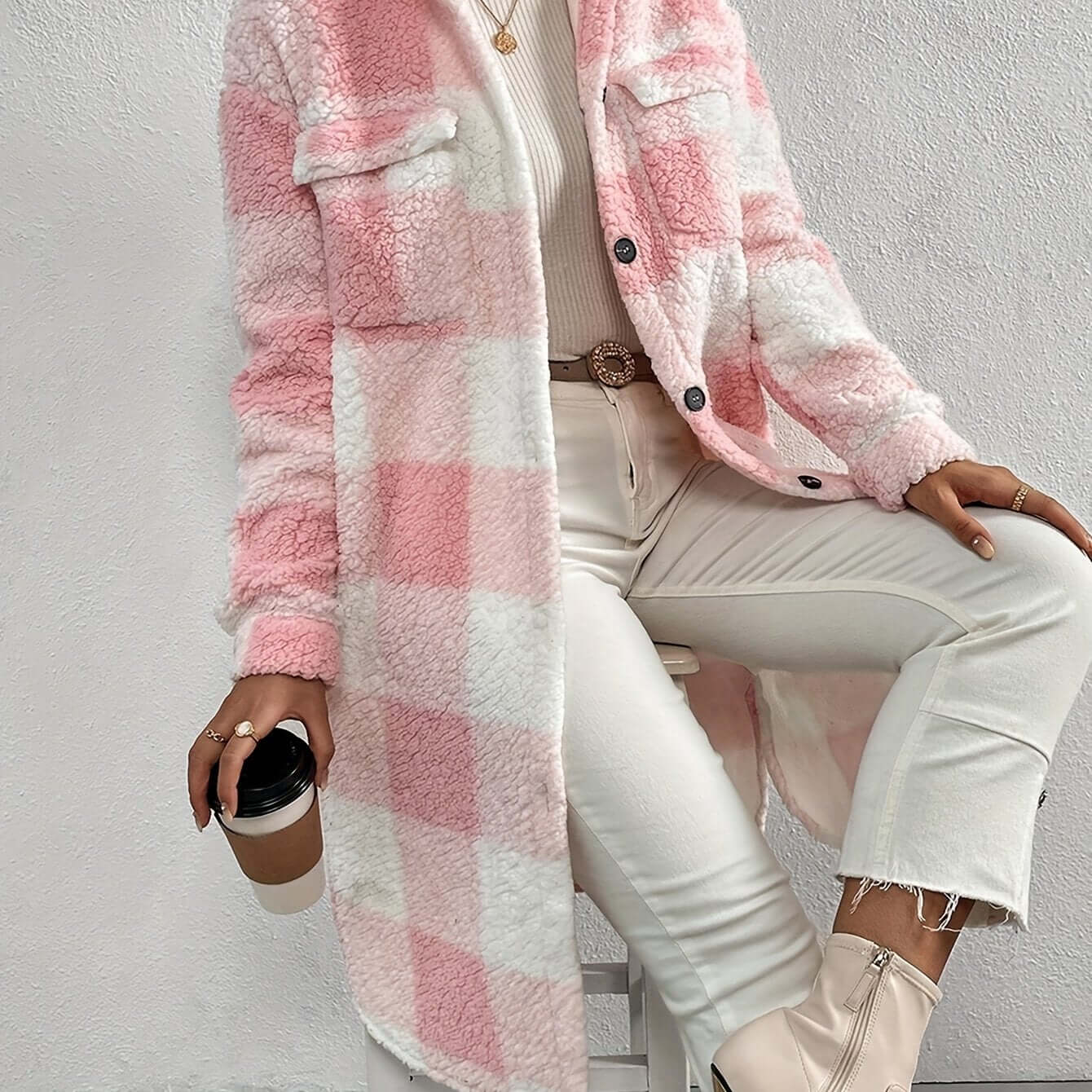 Elegant Checked Teddy Coat for Women