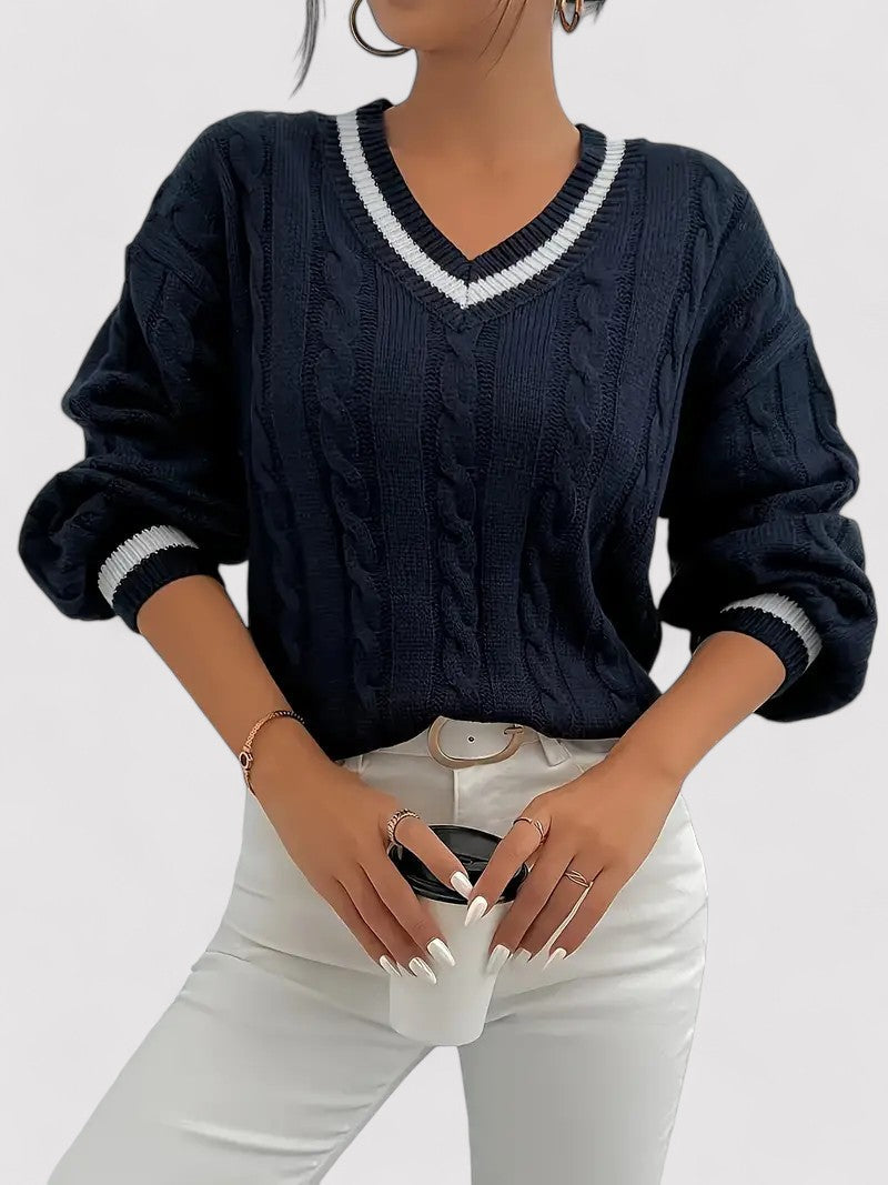 V-Neck Cable Knit Sweater for Women's Elegance