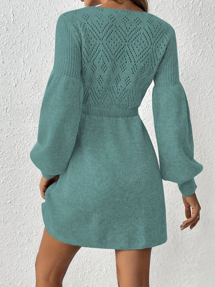 Eyelet Knit Lantern Sleeve A-Line Dress For Women