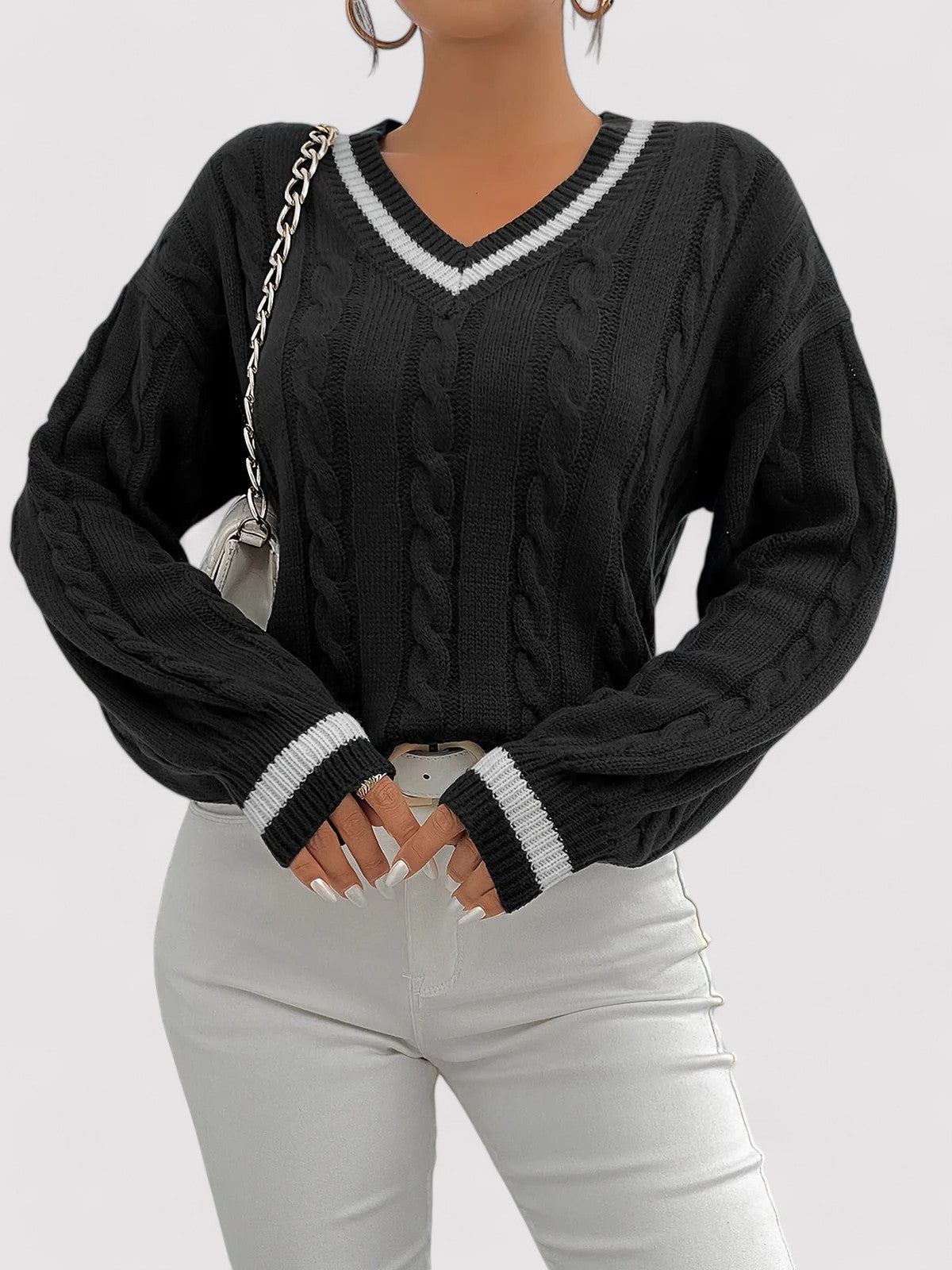 V-Neck Cable Knit Sweater for Women's Elegance