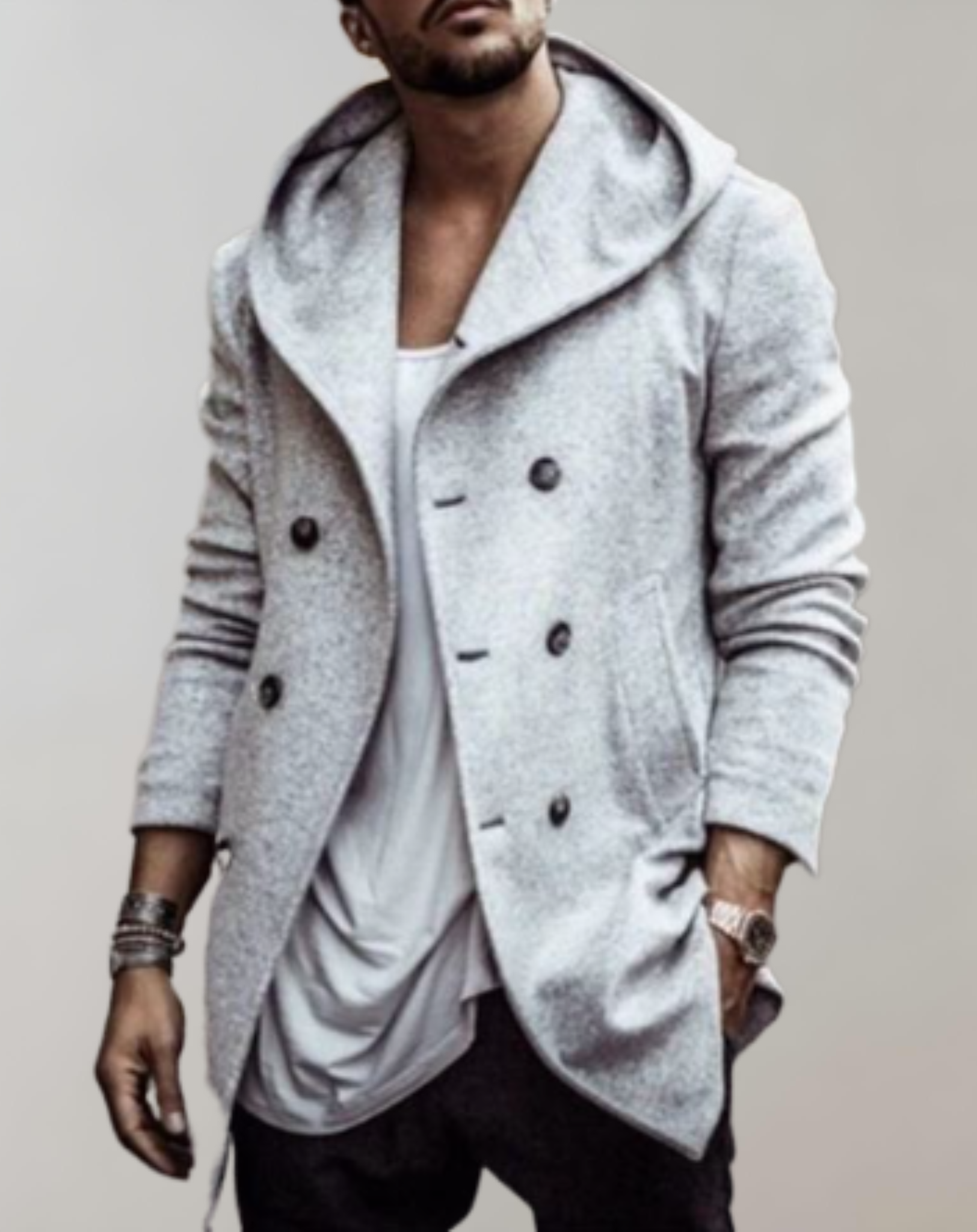 Men's trench coat slim-fit with button closure and hood