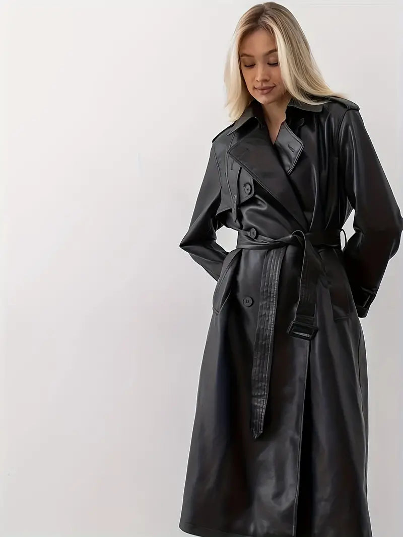 Elegant Trench Coat Leather Jacket For Women