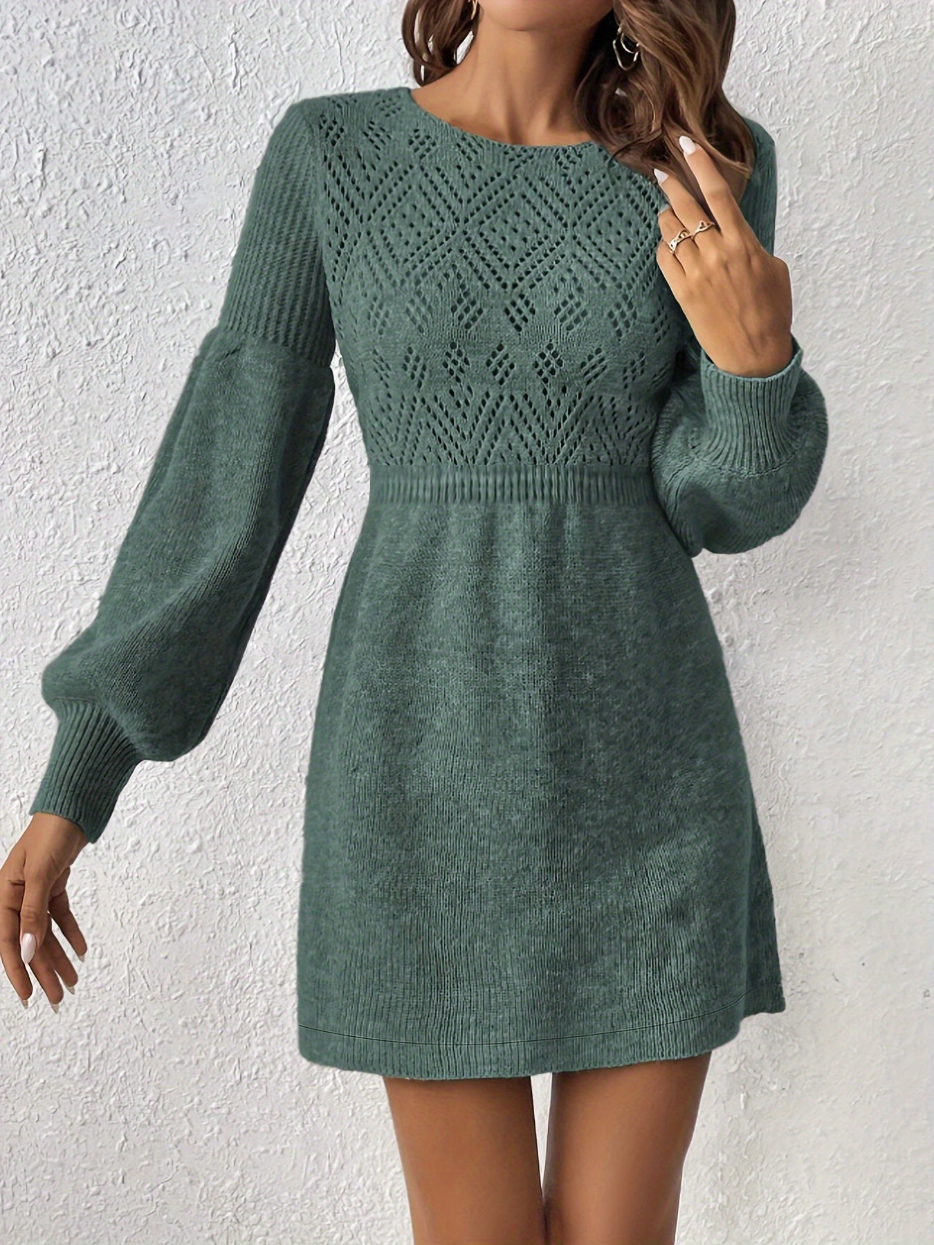 Eyelet Knit Lantern Sleeve A-Line Dress For Women