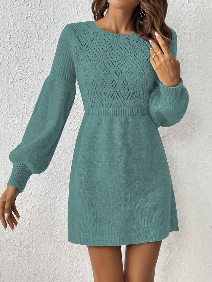 Eyelet Knit Lantern Sleeve A-Line Dress For Women