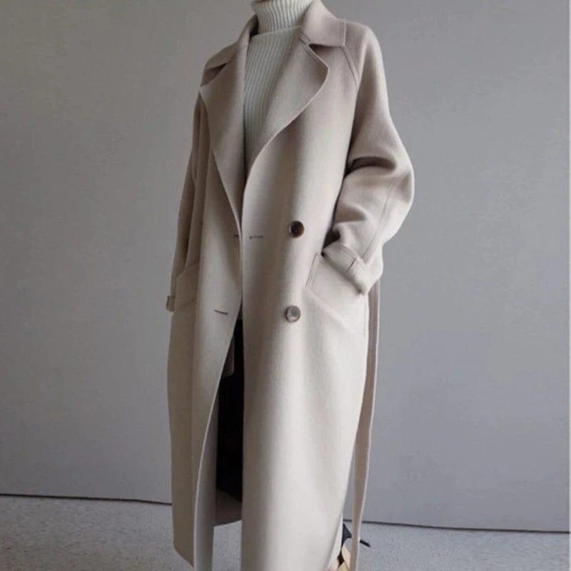 Long Double-Breasted Wool Coat for Women