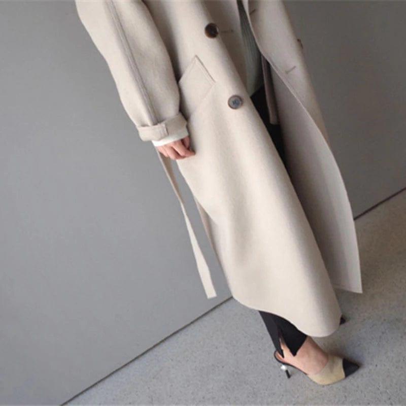 Long Double-Breasted Wool Coat for Women