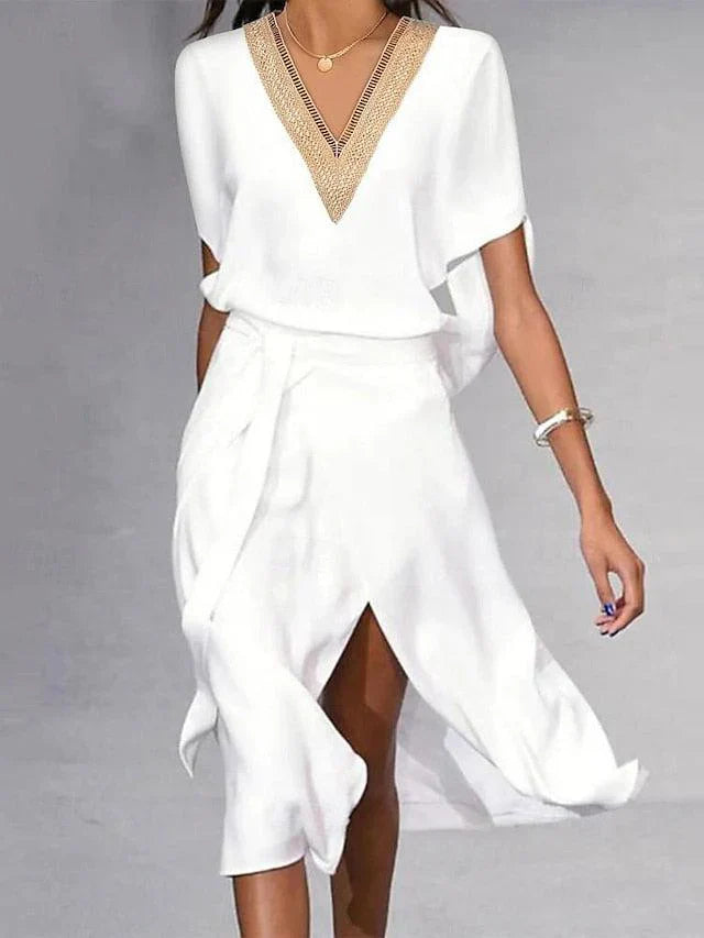 Modern White V-Neck Midi Dress